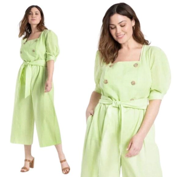 Eloquii NWT Double Breasted Belted Puff‎ Sleeve Jumpsuit Linen Lime Green Sz 24 - Picture 1 of 10